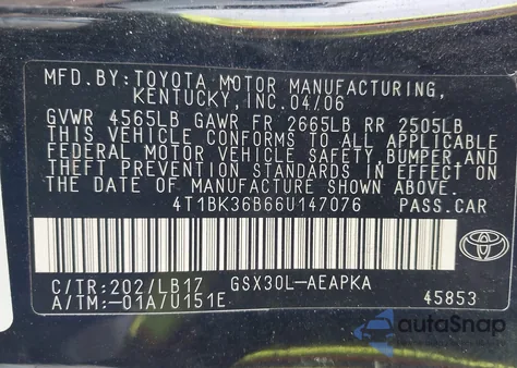 2006 Toyota Avalon Limited from USA, damaged, VIN 4T1BK36B66U147076